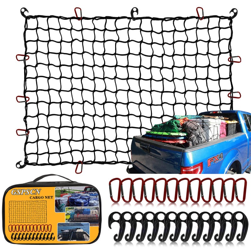 GSPSCN Cargo Net 6 ' x 4 ' for Truck Pickup Bed  Trailer Boat RV SUV Stretches to 12 'x18 ' Max Roof Rack Net Small 4 x4  Mesh Heavy Duty Bungee Cord Netting Compatible with Dodge Ram Chevy Ford Toyota - Image 1